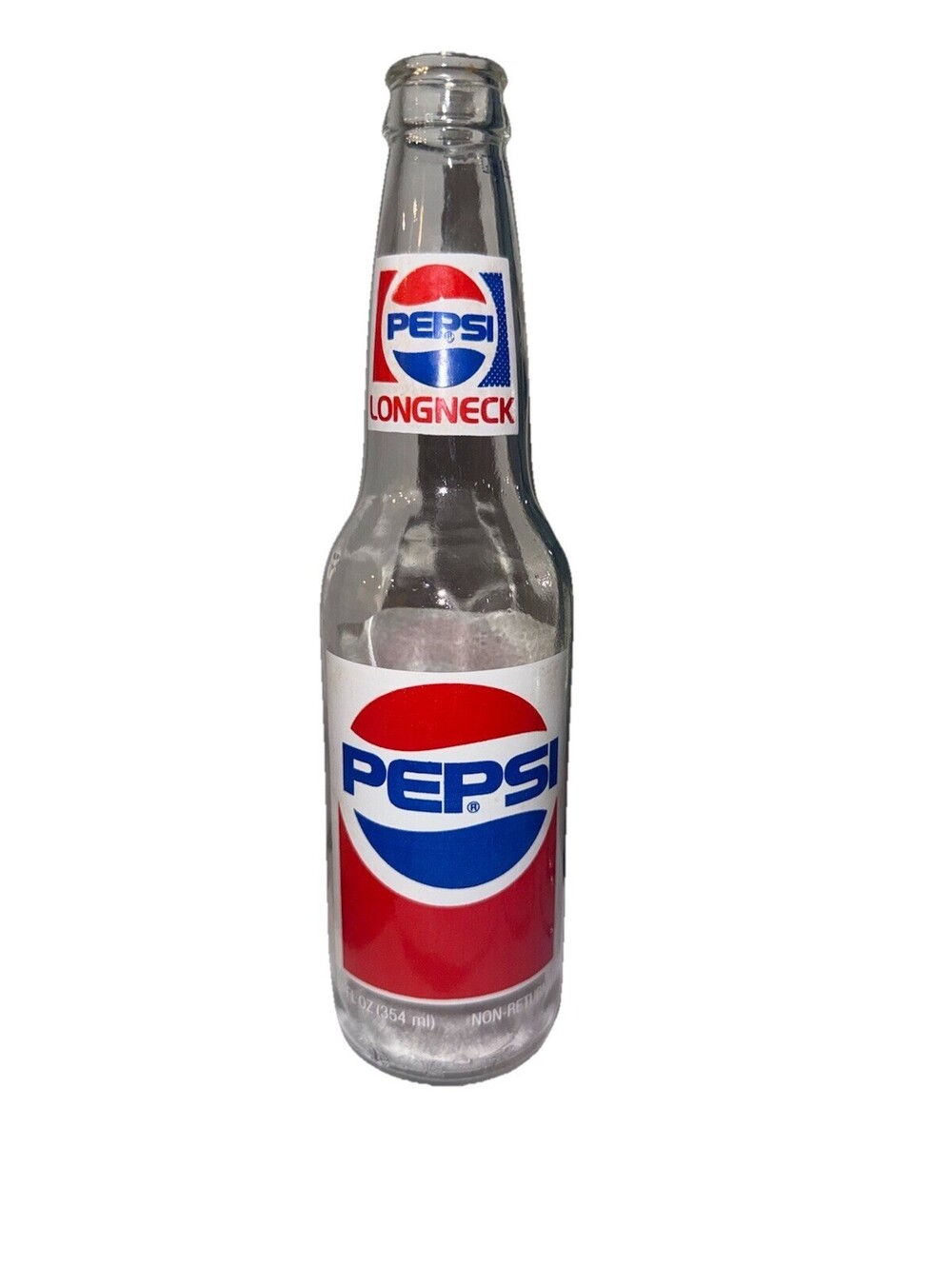Vintage Glass Pepsi Longneck Clear Glass Bottle 1980s Logo 12 Oz Ounce 9" Tall